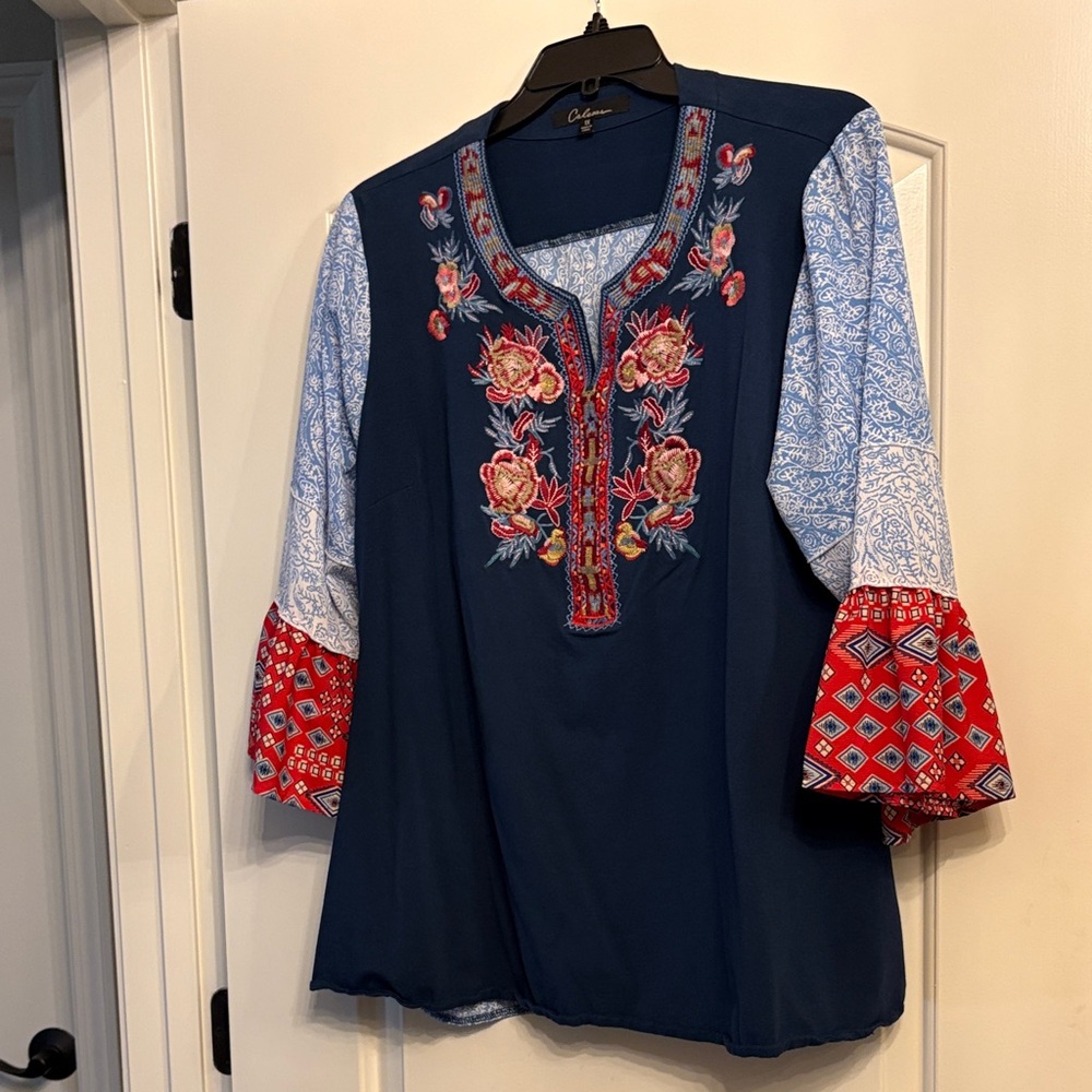 Calessa Navy and Red Floral Embroidered Blouse